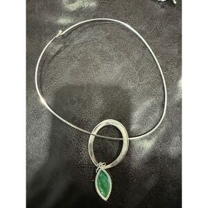 Coventry Choker Necklace Oval Pendant Green Stone Silver Tone Statement
